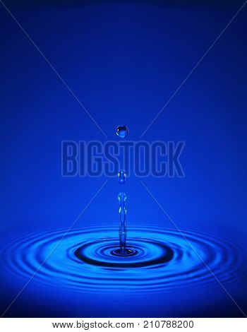 WATER DROPLETS CREATING RIPPLES IN BLUE WATER