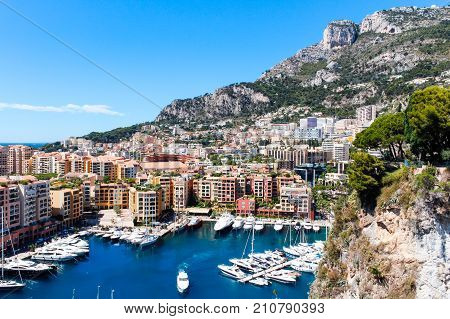 View Of Monaco City And Fontvieille With Boat Marina In Monaco.