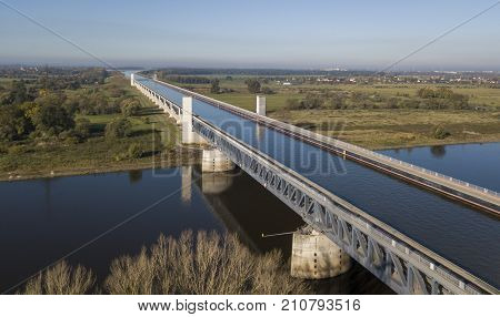 Aerial view of Magdeburg Water Bridge, largest navigable aqueduct in Europe