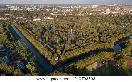Aerial view of Herrenhausen Gardens in Hannover, Lower Saxony, Germany