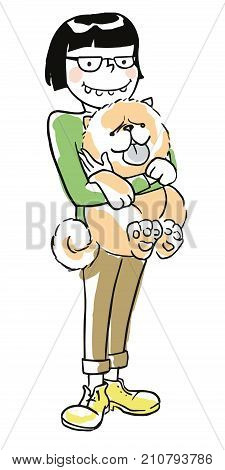 Funny boy holding the dog in his hands