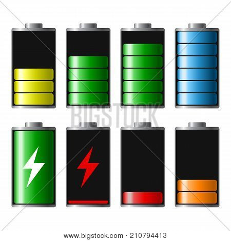 Set of battery charge level indicators from full to low. Discharged and fully charged status. Degree of battery power.