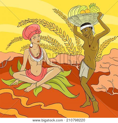 Two african women with fruit basket illustration