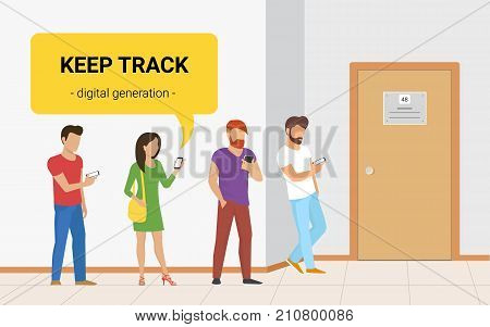 Waiting in line near a door flat vector illustration of people using smartphones for reading new, texting and tracking networks. Wifi addiction of young people waiting inline
