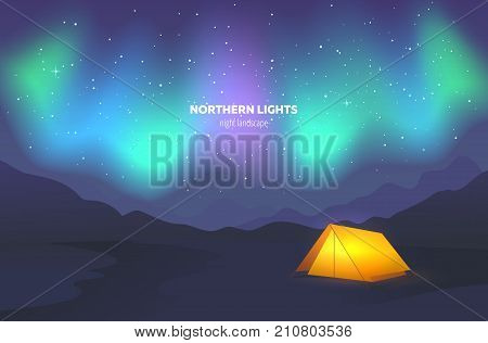 Camp tent under night sky. Landscape with beautiful northern lights. Vector illustration