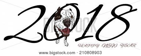 Original banner with a dog, a screensaver for calendars, postcards, bookmarks and other New Year's products for 2018. Vector illustration EPS 10.