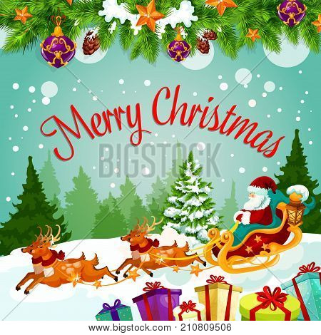 Merry Christmas greeting card of Santa on reindeer sleigh with gifts bag. Vector Christmas tree decorations of cone, ball and bell with star garland for Happy New Year wish on winter season holidays