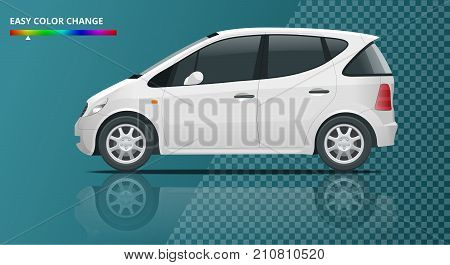 Small Compact Electric vehicle or hybrid car on transparent. Eco-friendly hi-tech auto. Easy color change Template vector isolated View side