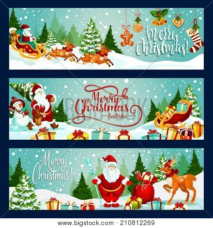 Merry Christmas greeting and wishes banners for winter holiday season design. Vector Santa with gifts bag, reindeer and sleigh at Christmas tree, New Year decoration holly wreath, sock and golden bell
