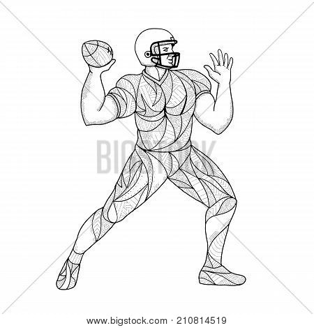 Zentagle inspired and tangled illustration of an American football quarterback in throwing motion action viewed from side on isolated background in black and white.