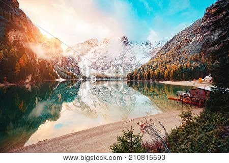 Scenic image of alpine lake Braies (Pragser Wildsee). Location Dolomiti, national park Fanes-Sennes-Braies, Italian Alps Europe. Fabulous wallpapers. Explore the beauty of earth. Tourism concept. 
