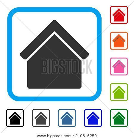 Home icon. Flat grey iconic symbol in a light blue rounded rectangular frame. Black, gray, green, blue, red, orange color additional versions of Home vector. Designed for web and software interfaces.