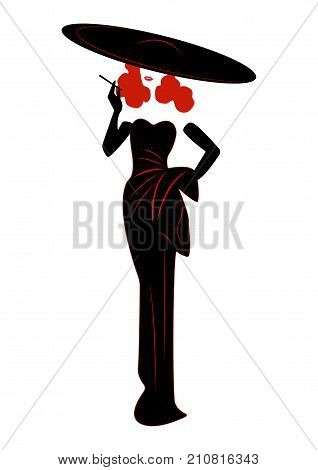 Diva Hollywood silhouette, Beautiful retro fashion red woman and hat , styling and evening dress 1940s , vector