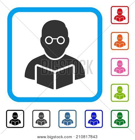 Teacher icon. Flat gray iconic symbol inside a light blue rounded frame. Black, gray, green, blue, red, orange color variants of Teacher vector. Designed for web and app UI.