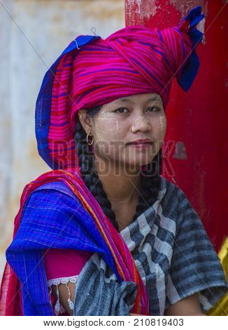 INLE LAKE MYANMAR - SEP 07 : Portrait of Intha tribe woman in Inle lake Myanmar on September 07 2017 The Intha people live along the Inle lake shores and on the lake itself