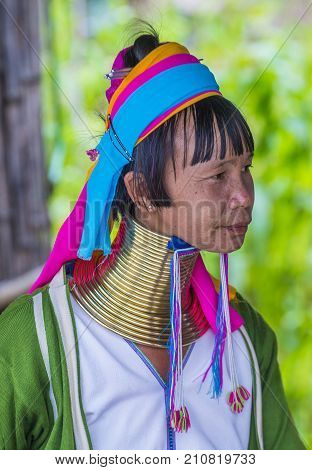 KAYAN STATE MYANMAR - SEP 09 : Portrait of Kayan tribe woman in Kayan state Myanmar on September 09 2017 Kayan tribe woman are well known for wearing neck rings.