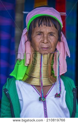 KAYAN STATE MYANMAR - SEP 09 : Portrait of Kayan tribe woman in Kayan state Myanmar on September 09 2017 Kayan tribe woman are well known for wearing neck rings.