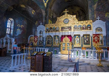 KIEV UKRAINE - JUNE 05 : The interior of the Pechersk Lavra monastery in Kiev Ukraine on June 05 2017 The Pechersk Lavra is unesco world heritage site since 1990