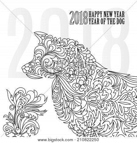 2018. Greeting Chinese New Year card with stylized dog. One color print. Vector illustration. Black on white. Hand draw. Doodle style.