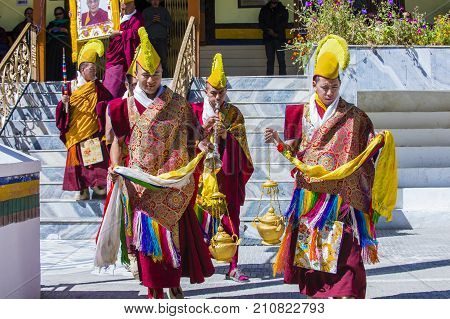 LEH INDIA - SEPTEMBER 20 2017: Buddhist Tibeti monks Participates in the Ladakh Festival in Leh India on September 20 2017