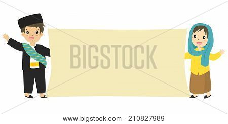 Betawi, Jakarta girl and boy wearing traditional dress and holding an empty banner cartoon vector