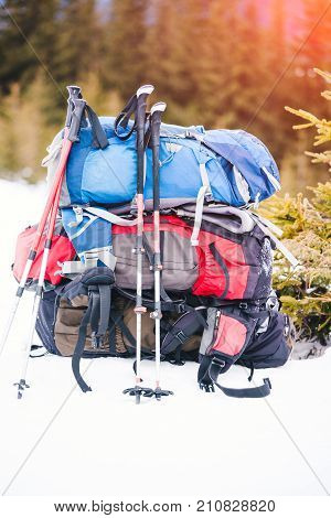 Backpack Is Standing On The Snow.
