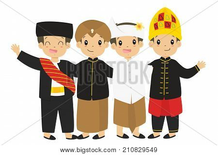 indonesian children, boys wearing traditional dress cartoon vector