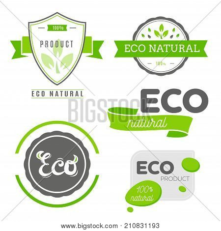 Eco icons labels set. Organic tags. Natural product elements. Logo for vegetarian restaurant menu. Raster illustration. Low fat stamp. Natural eco product. Eco product.