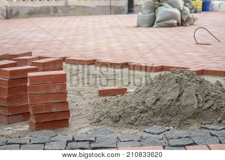 Sidewald or pavement costruction with the red bricks