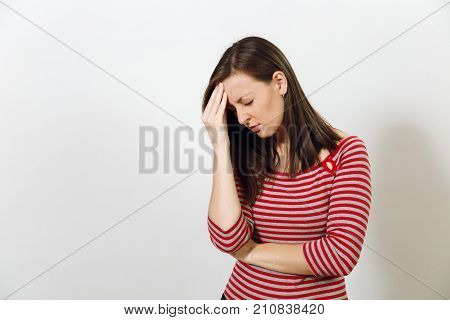 Pretty European Worried And Pensive Brown-haired Woman With Healthy Clean Skin And Headache, Dressed