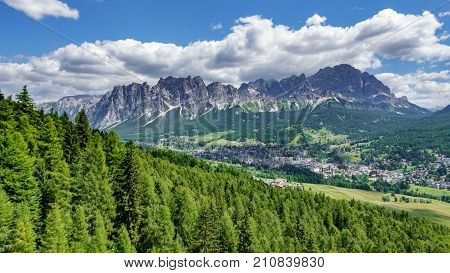 Panoramic view of Cortina d Ampezzo and Dolomiti rocks
