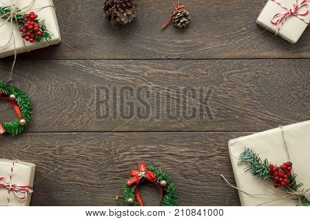 Happy Merry christmas & new year decorations concept background.All accessories objects on modern design wooden at home office desk.free space for creative word and text.
