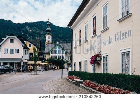 St Gilgen, Austria - August 5, 2017: Scenic view of the beautiful town of St Gilgen and the House of Mozart.