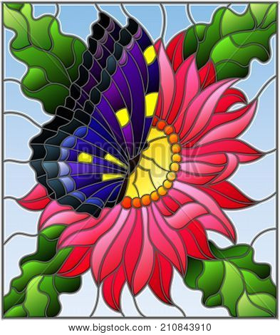 Illustration in stained glass style with a pink Aster flower and bright butterfly on a blue background