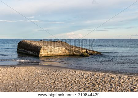 World war two bunker on the beach on Grenen in Skagen, Denmark. Beach, sea and blue sky.