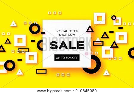 Sale. Trendy Geometric elemets and frame in paper cut style. Discount. For brochure, flyer or presentations design. Simple geometry. Yellow background. Vector illustration.