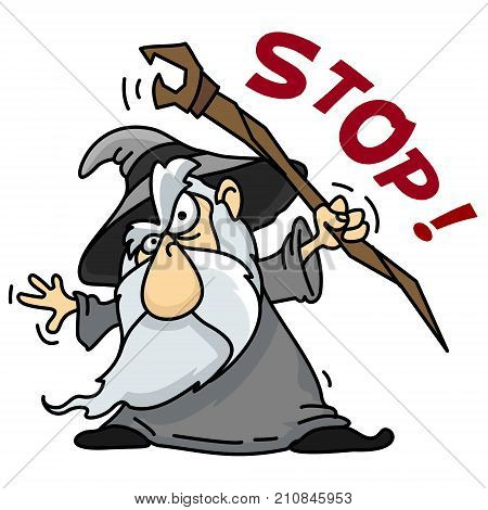 A cartoon picture depicting an old wizard with a beard with a staff that wants to stop.