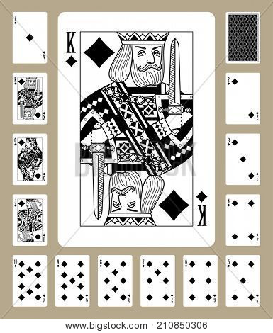 Playing cards of Diamonds suit in black and white. Original design