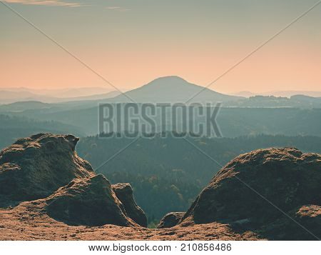 Hilly Horizon, Deep Forest Gulch Full Of Gentle Fog And Sun Is Hidden In Heavy Mist