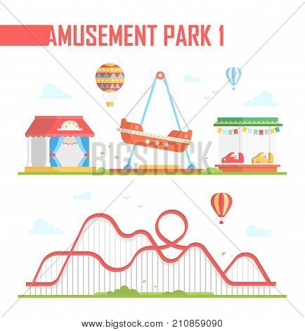 Set of amusement park elements - modern vector illustration on white background. Roller coaster, hot air balloons, outdoor performance stage, carousels, attraction. Entertainment concept