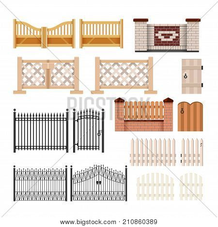 Set of fences - modern vector realistic isolated clip art on white background. Gates of different structures, materials, colors. Metal forging, stone and brick masonry and wood hedges with wickets