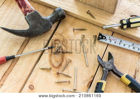 Workplace With Construction Tools On Wooden Background