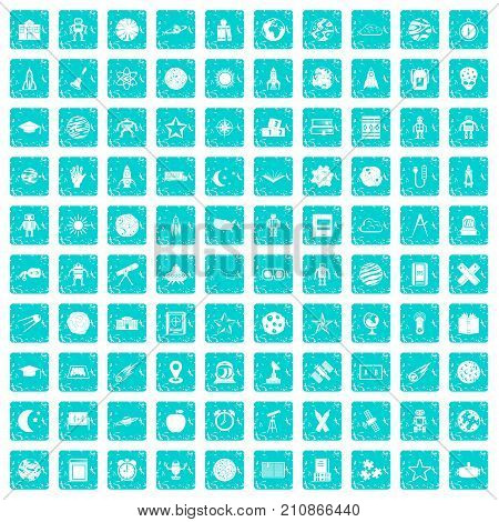 100 astronomy icons set in grunge style blue color isolated on white background vector illustration