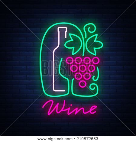 Template logo wine bar in a trendy neon style. Logo, badge glowing banner. For the menu restaurant, wine list, wine house, wine label, vineyard, winery. Vector illustration.