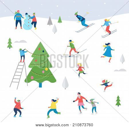 Winter sport scene, Christmas street event, festival and fair, with people, families make fun