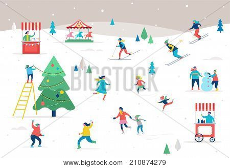 Winter sport scene, Christmas street event, festival and fair, with people, families make fun