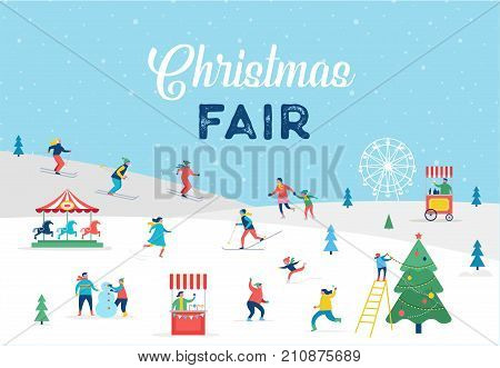 Winter sport scene, Christmas street event, festival and fair, with people, families make fun