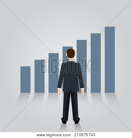 Businessman watching Growth graph for Career planning concept. man in suit standing back view on charts. Vector illustration flat design. Isolated on background.