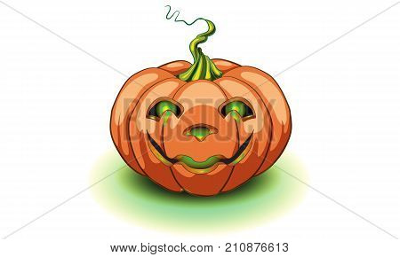 Halloween pumpkin with happy face on White background. Vector cartoon Illustration.