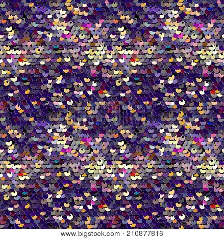Sequins  Seamless Pattern. Vector. Without gradient. Multicolor Purple Background. Embroidery.